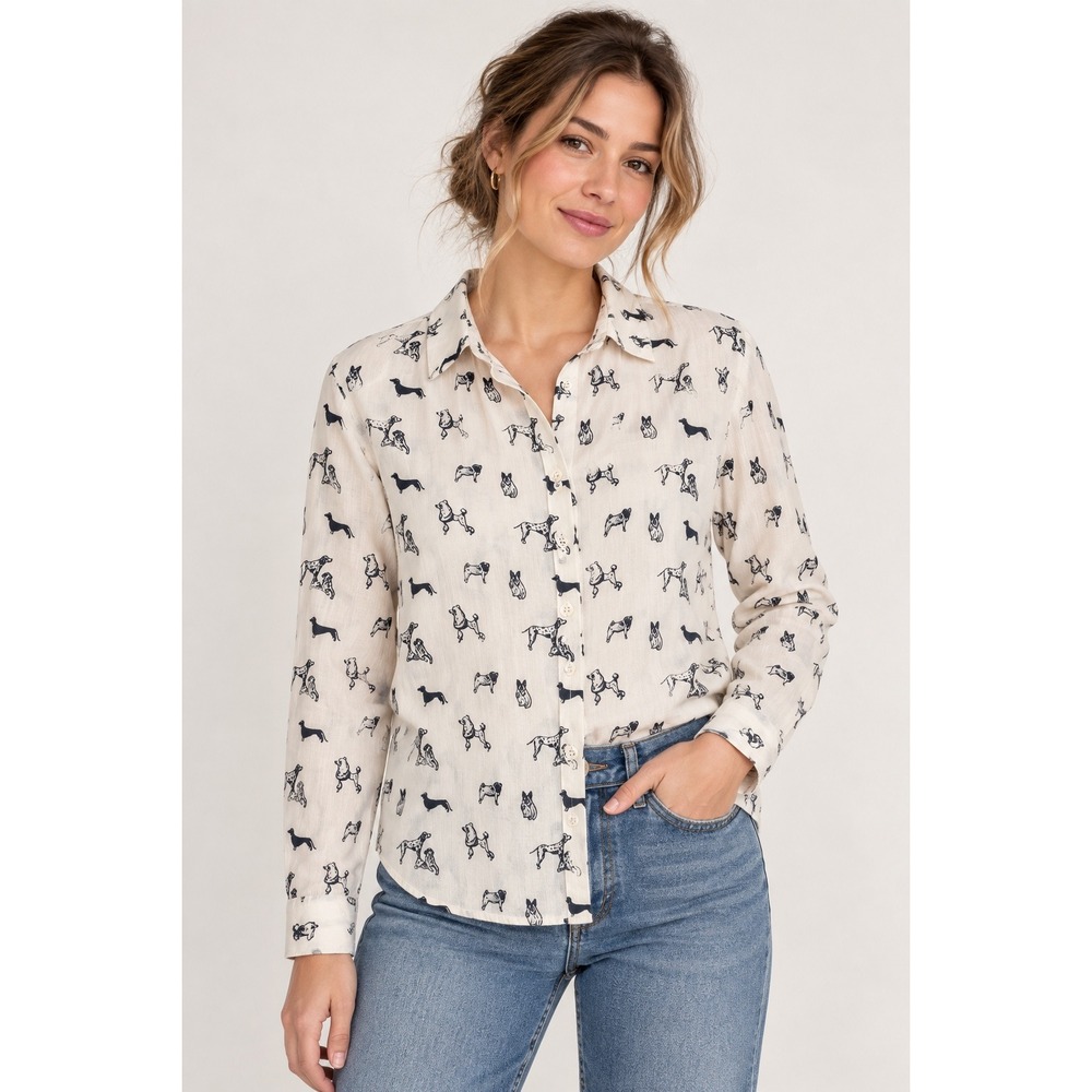 ModCloth Cream Cotton Dog Print Long Sleeve Button Up Shirt Large